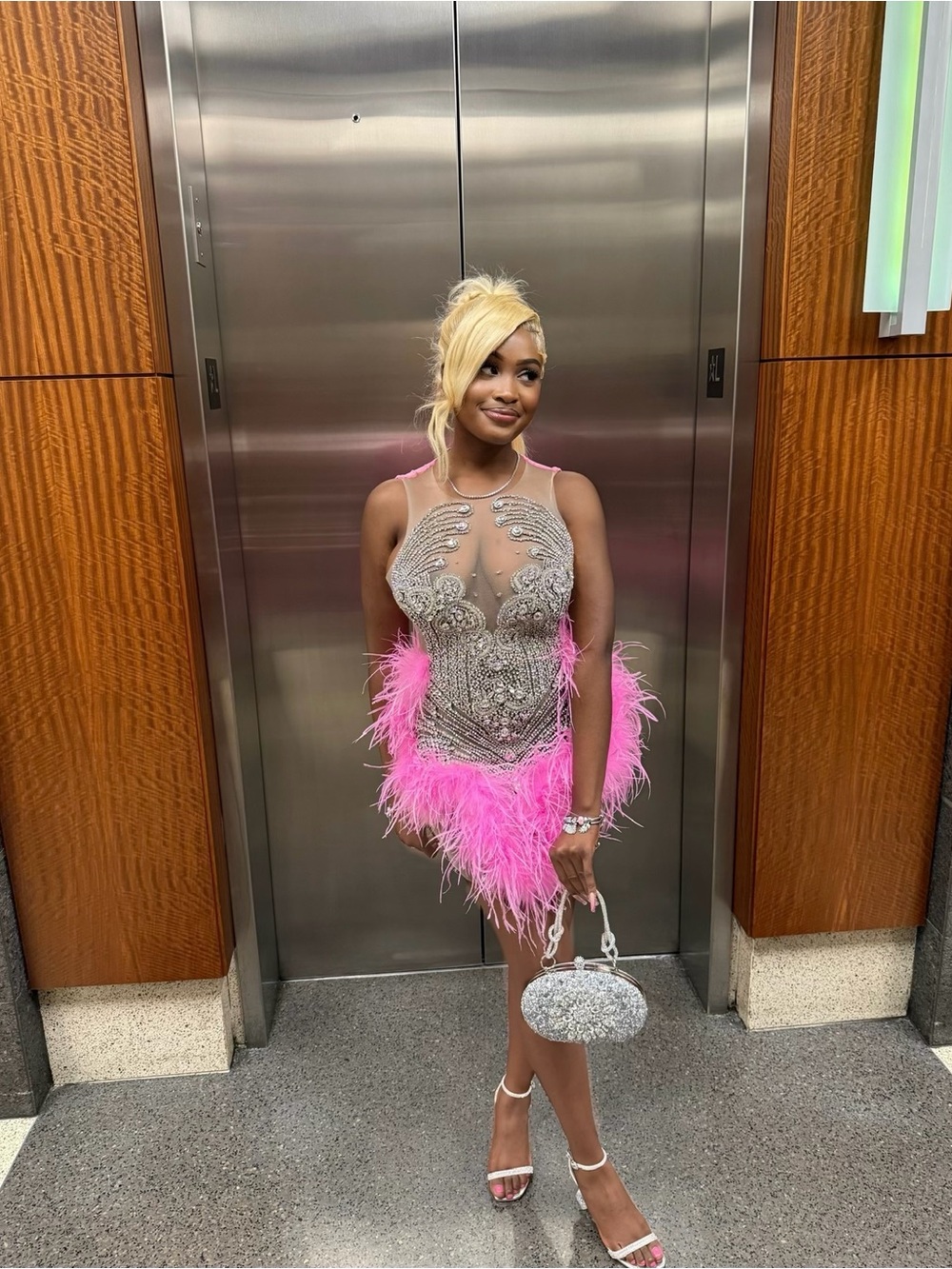 Silver-Beaded Pink Feather Mini Dress